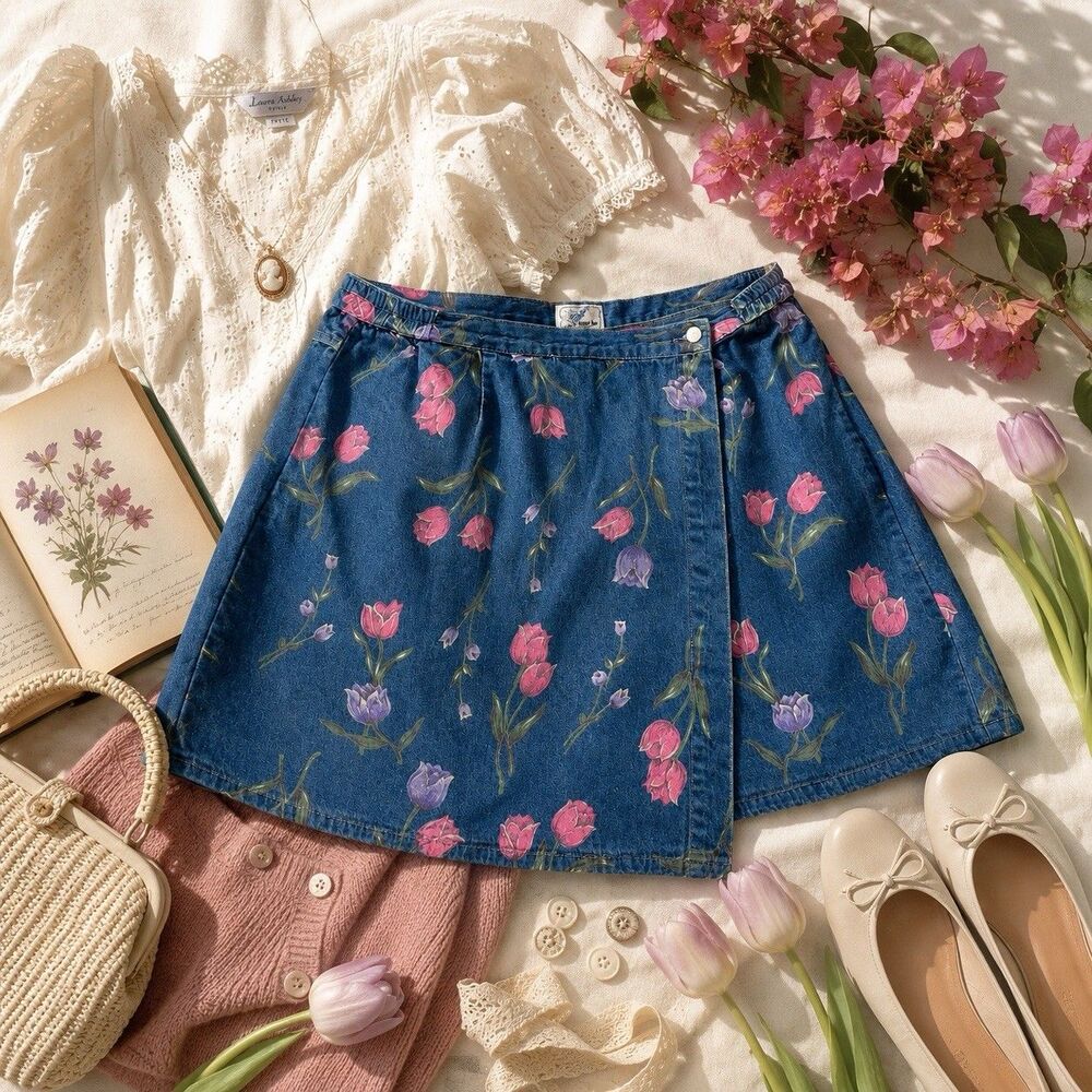 Vintage Floral Denim Skort USA Made Tulip Print Wrap Skirt Shorts Cottagecore